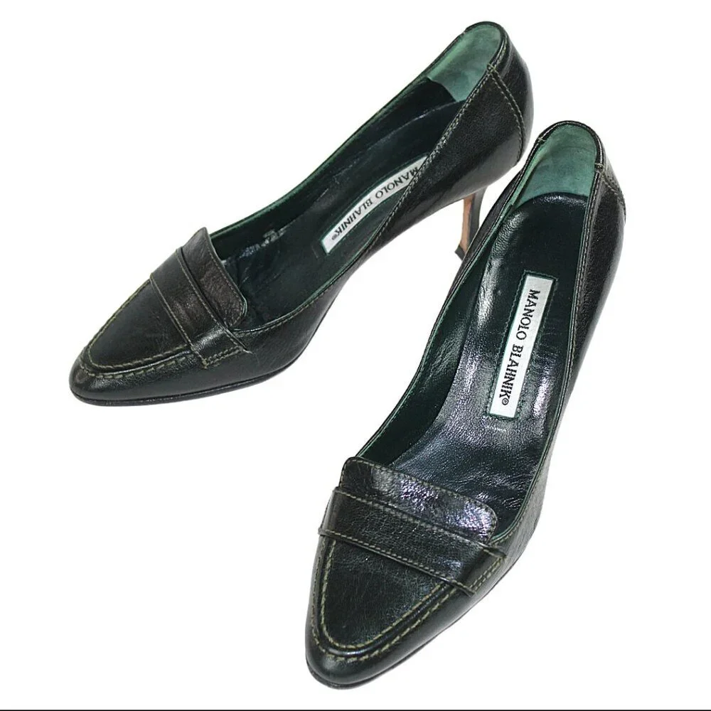 Manolo Blahnik Black Leather Preppy Loafer Pumps, Size 36.5 (US 6.5)